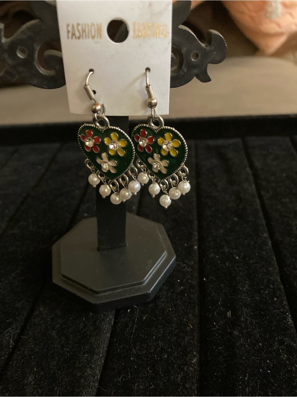 Green Heart Floral Drop Earrings with Pearl Dangles
